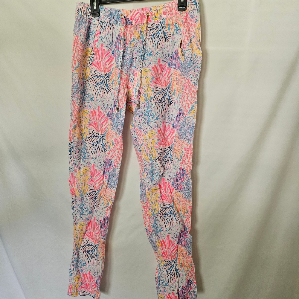 Lilly Pulitzer Vibrant Pink and Blue Taron Mid Rise 100% Linen Pants sz M